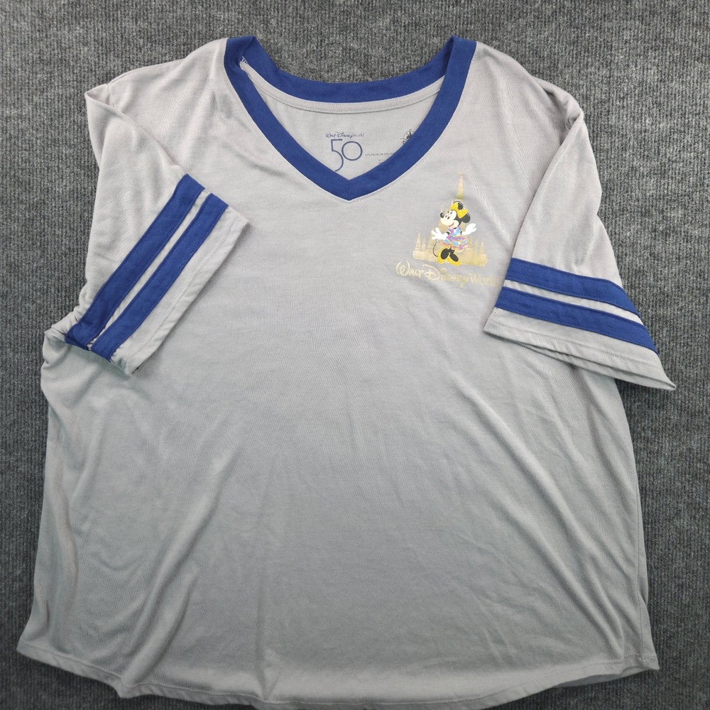 Disney World 50th Anniversary Minnie Mouse Grey V-Neck T-Shirt Women 1X Rayon